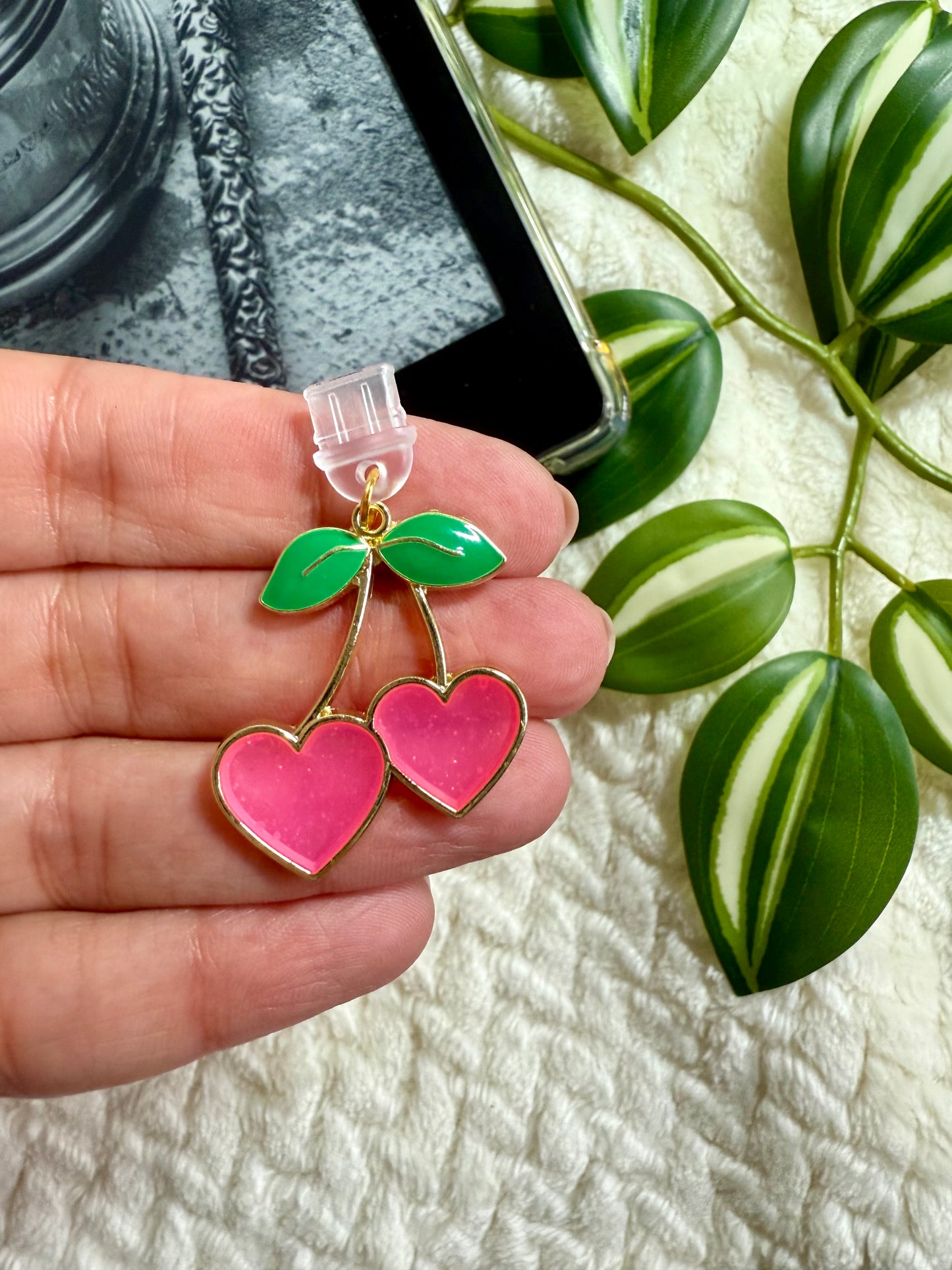 Kindle / E-Reader Charm Pink Heart Cherries