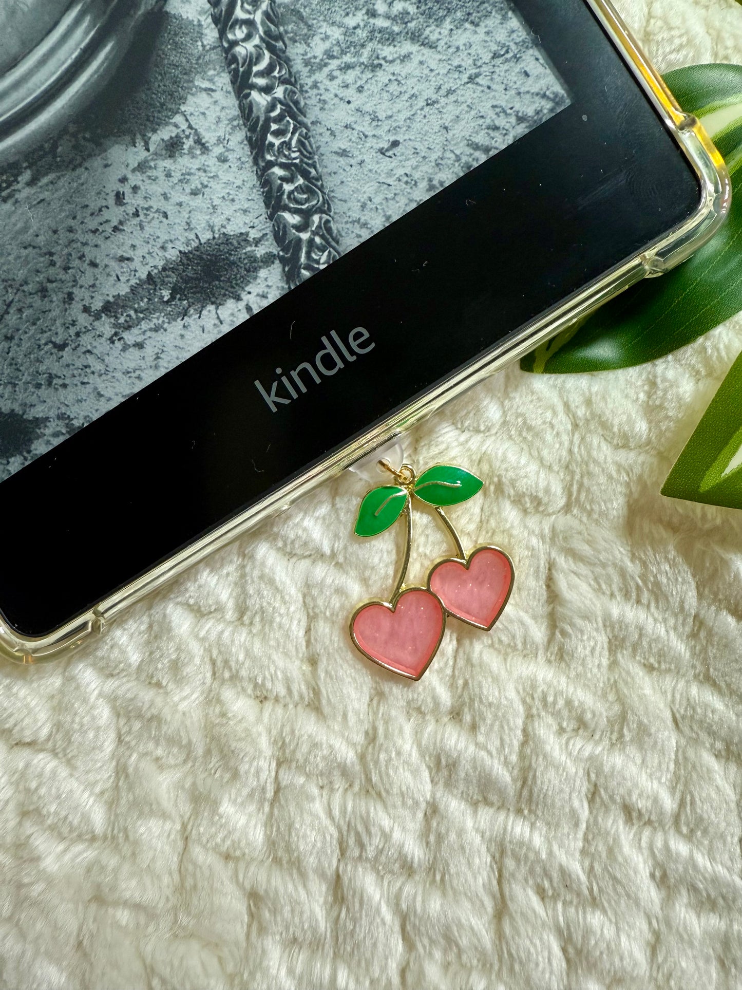 Kindle / E-Reader Charm Pink Heart Cherries