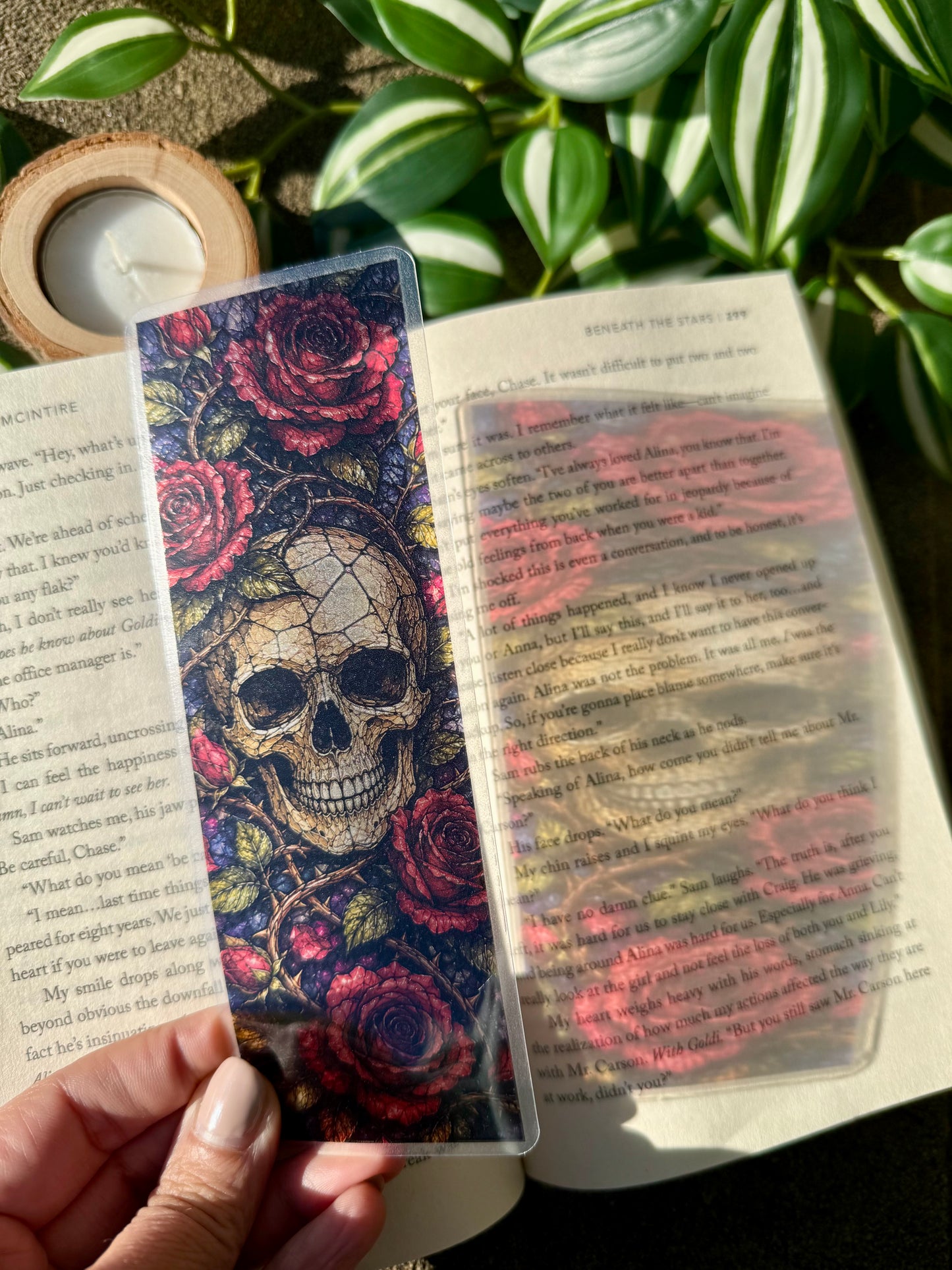 Stained Glass Style Skull and Roses Bookmark
