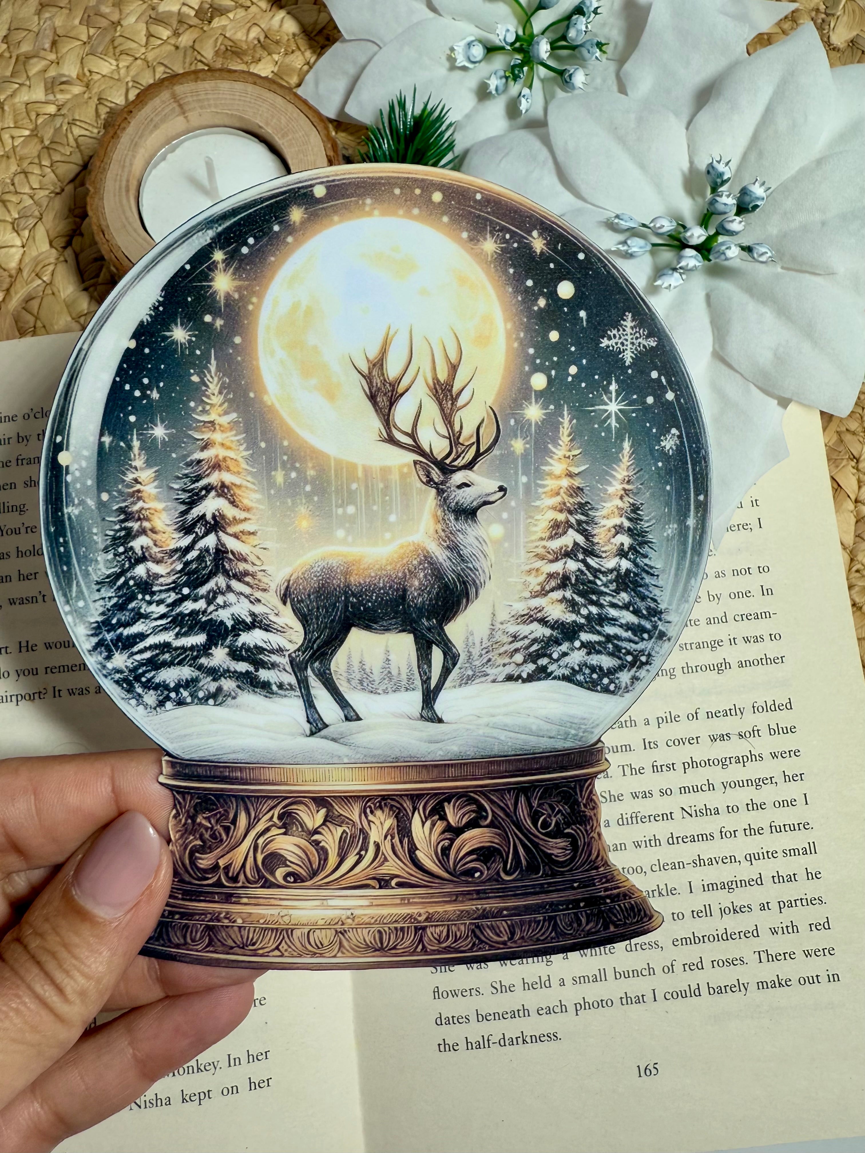 Winter Deer Snow Globe Die-Cut Bookmark – Hooked on a Book