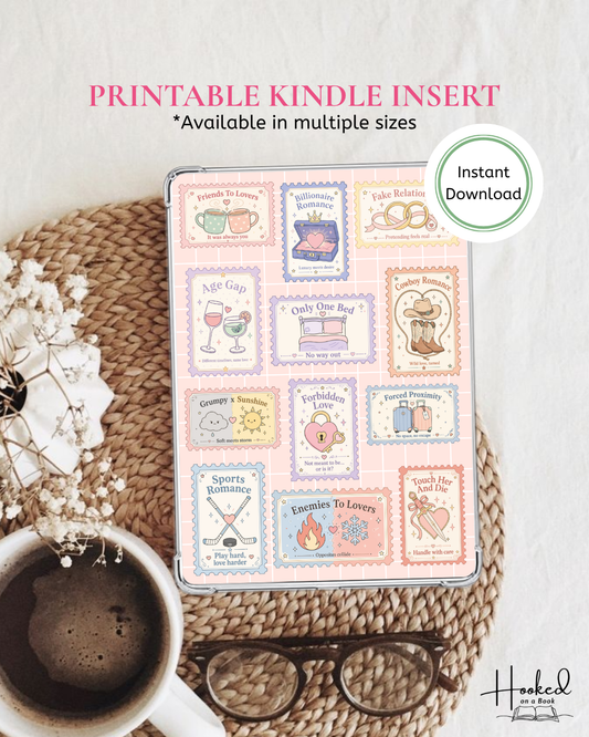 Printable Kindle insert of a collage of bookish tropes stamps resting on a mat with coffee cup and glasses on a textured surface