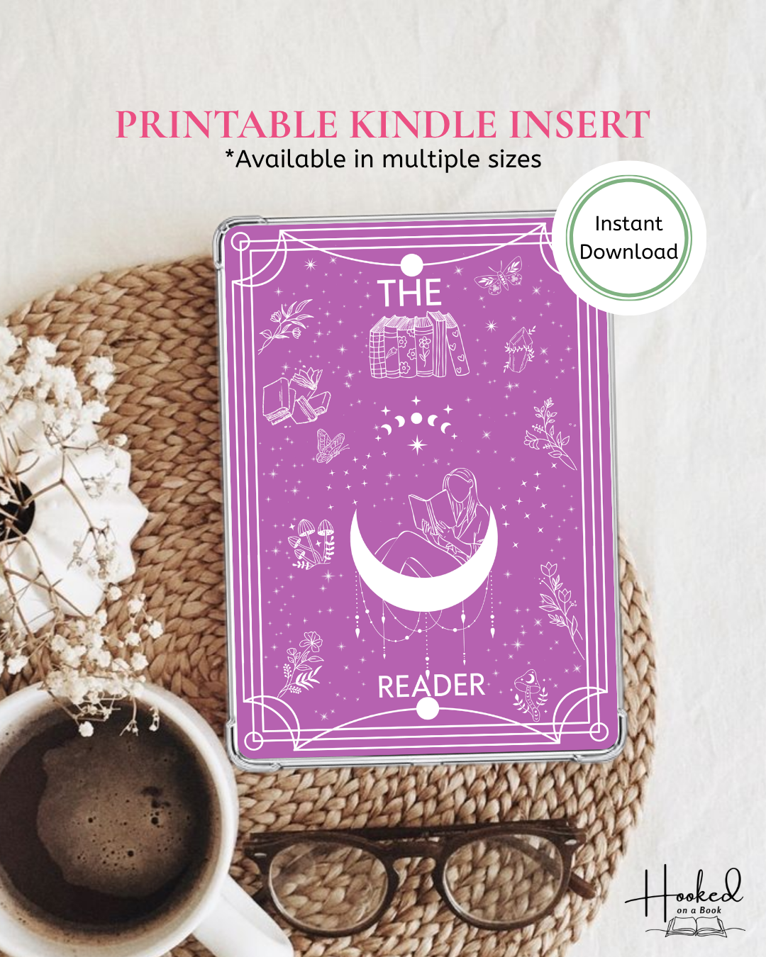 Kindle Insert with 'The Reader' title on a woven mat with a cup of coffee and glasses.