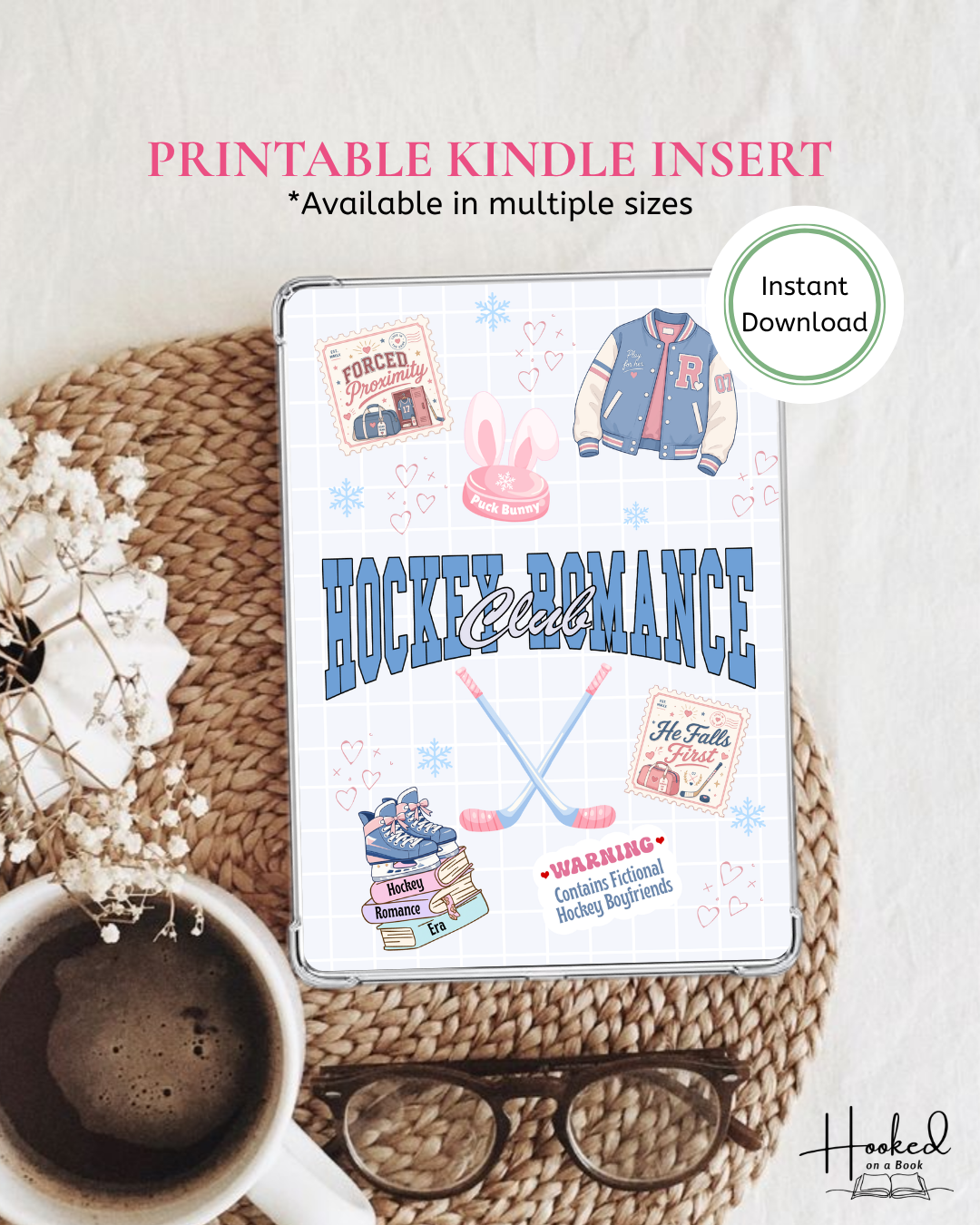 Kindle insert with 'Hockey Romance' design on a tablet, surrounded by a cup of coffee, glasses, and flowers.