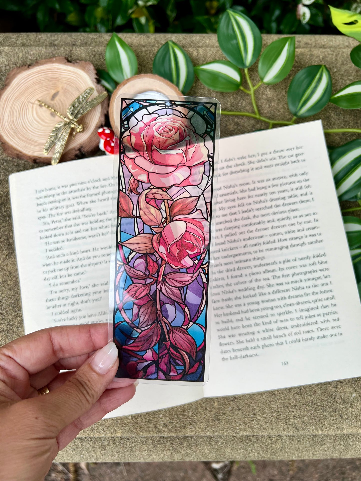 Stained Glass Style Pink Rose Bookmark