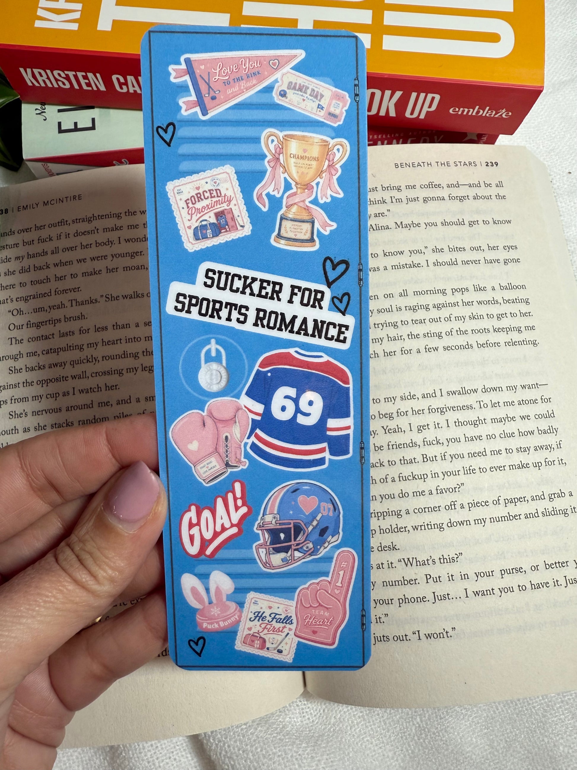 A bookmark of a sports locker with sports stickers on it
