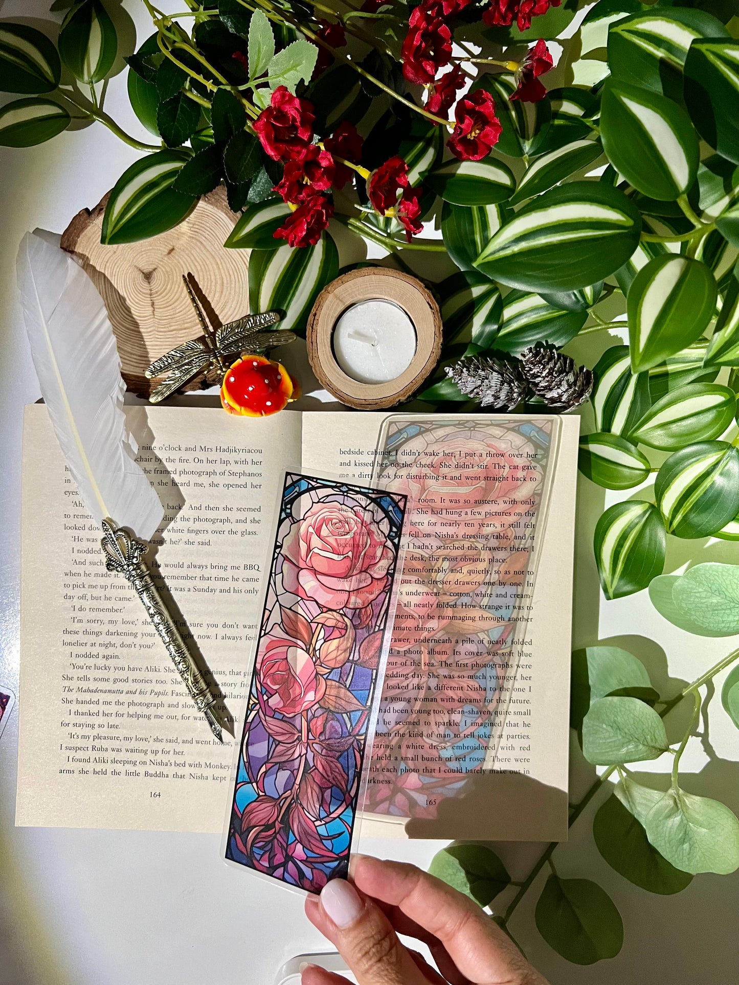 Stained Glass Style Pink Rose Bookmark