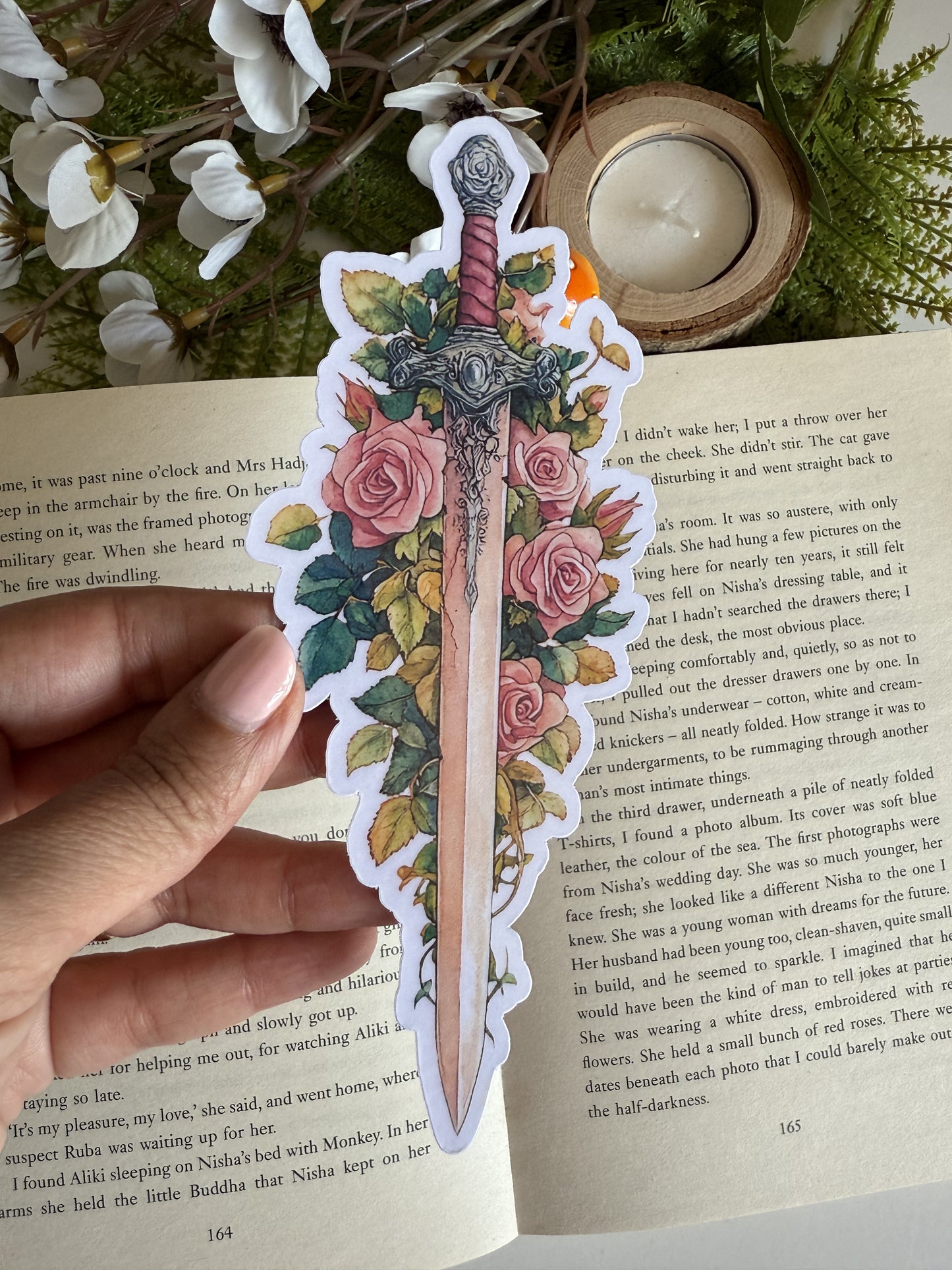 Pink Sword and Roses Die Cut Bookmark