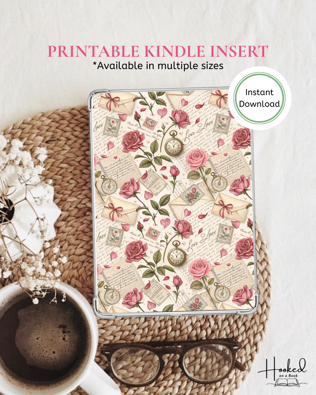 Floral patterned Kindle cover of roses and vintage love letters with a cup of coffee and glasses on a textured surface