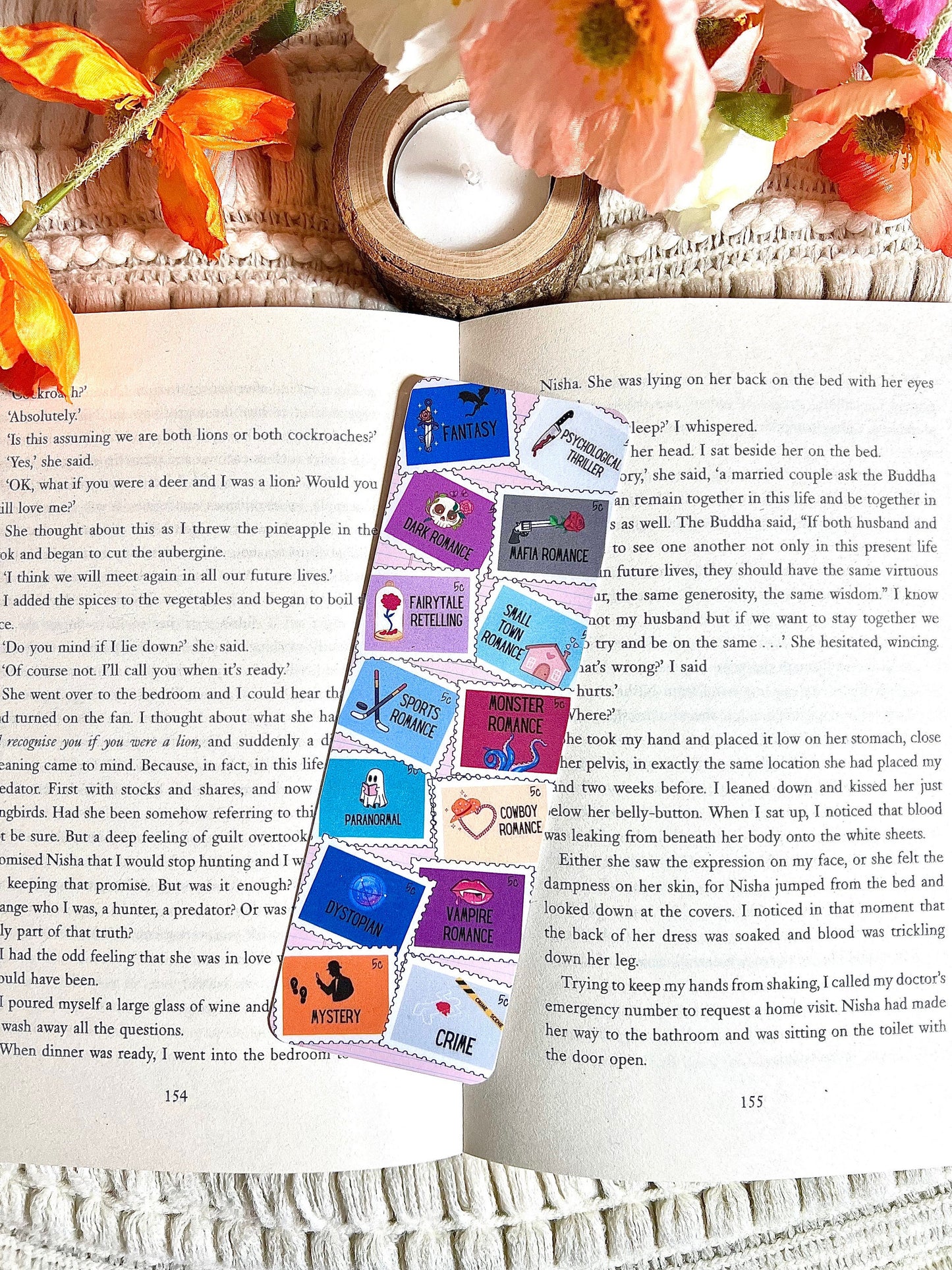 Stamps Reading Genre and Romance Tropes Bookmark