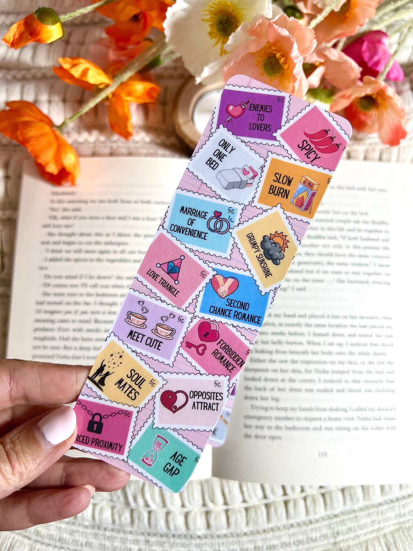 Stamps Reading Genre and Romance Tropes Bookmark