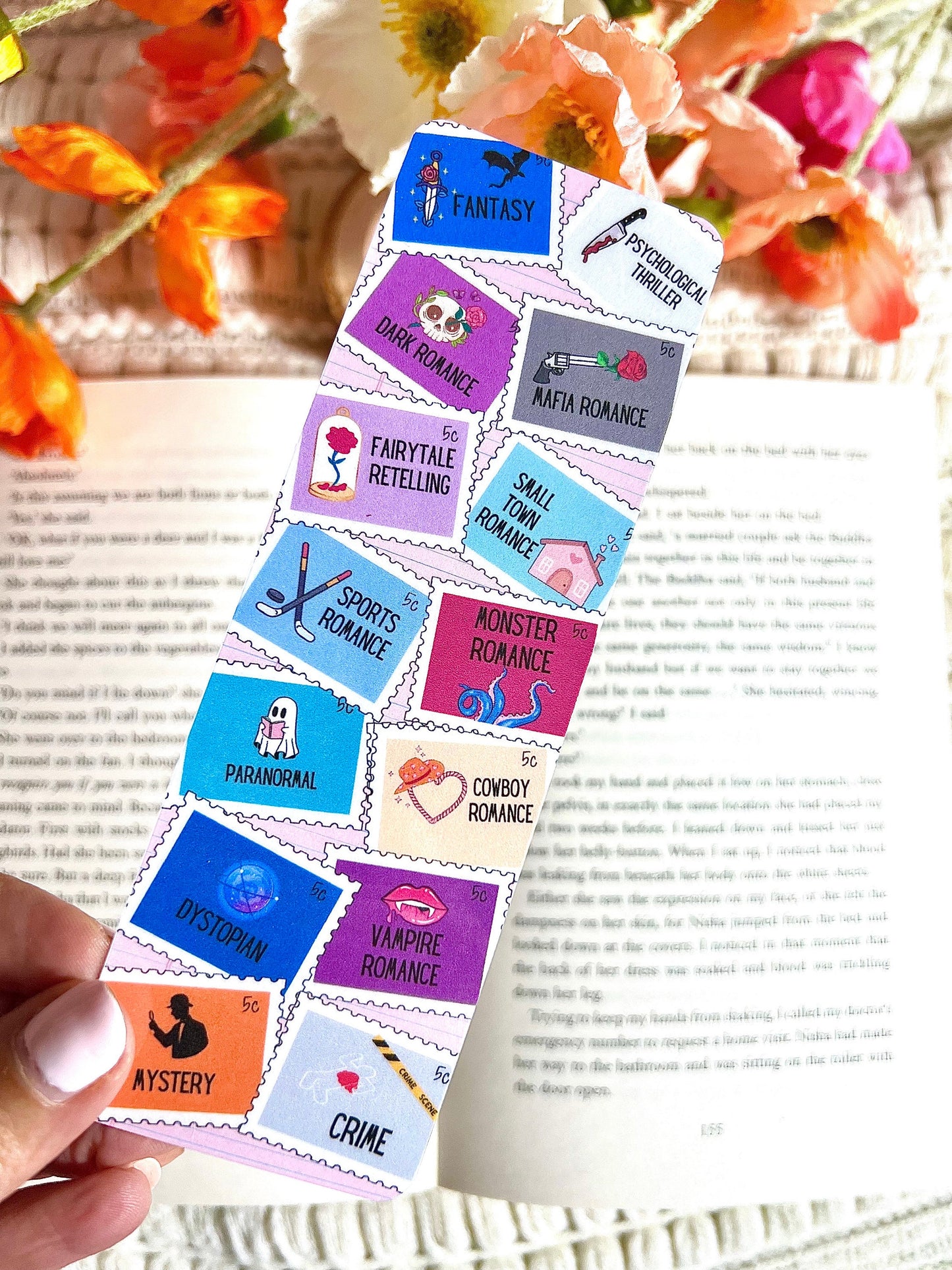 Stamps Reading Genre and Romance Tropes Bookmark
