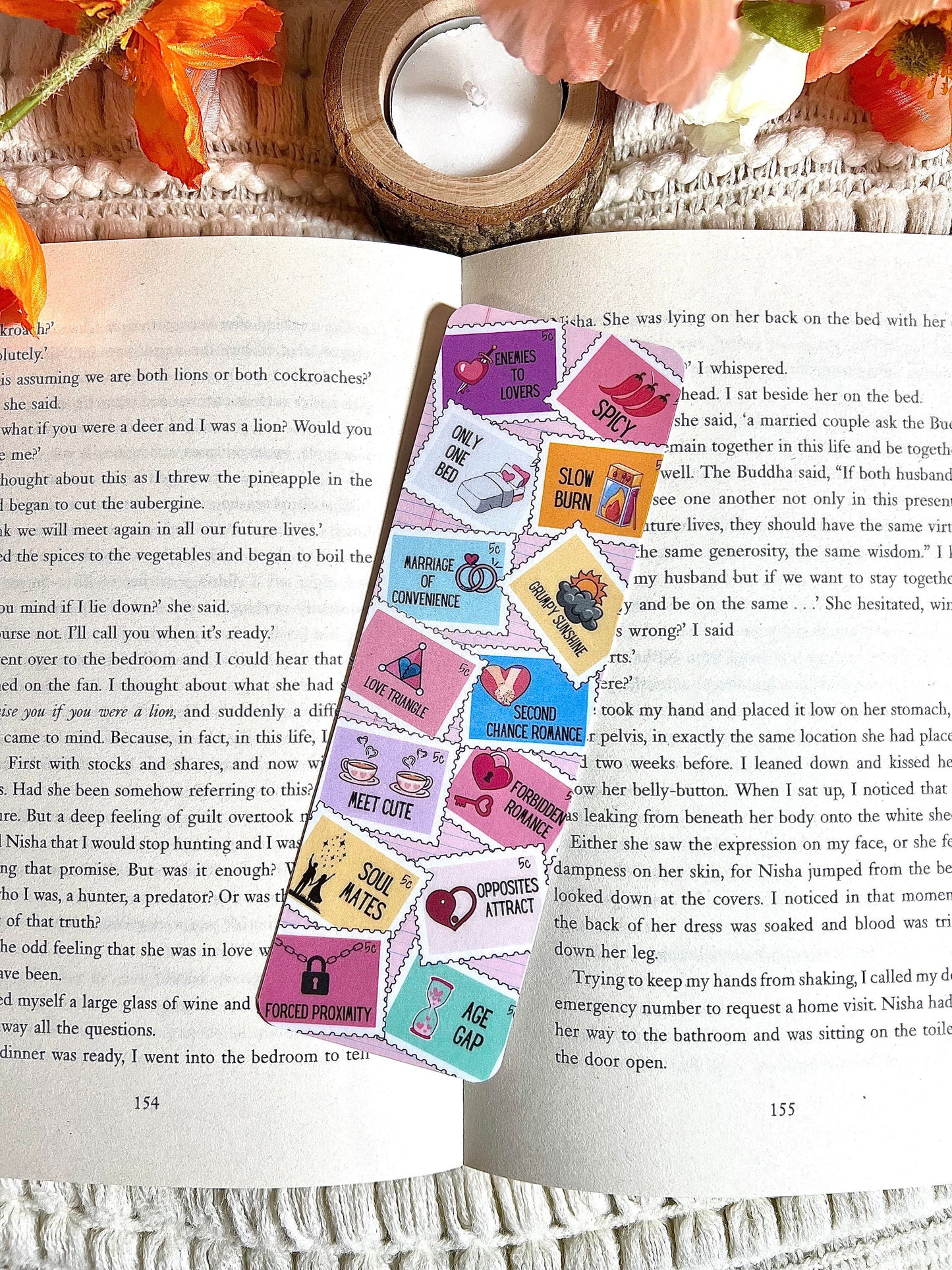 Stamps Reading Genre and Romance Tropes Bookmark