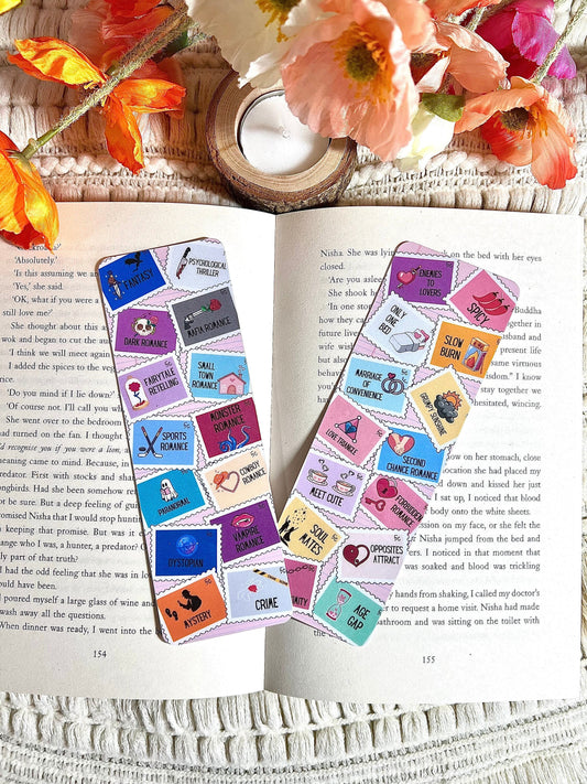 Stamps Reading Genre and Romance Tropes Bookmark
